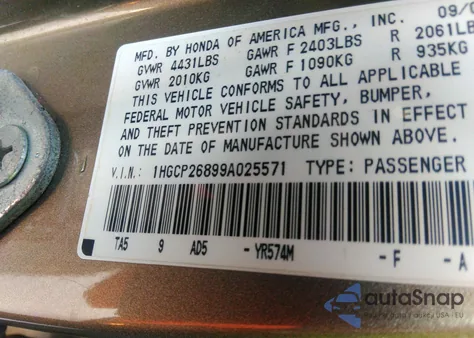 2009 Honda Accord 2.4 Ex-L from USA, damaged, VIN 1HGCP26899A025571